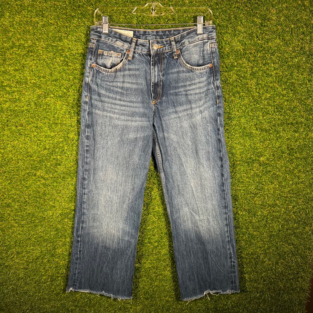Zara Womens Medium Wash High Rise Straight Leg Raw Hem Denim Jeans USA 6